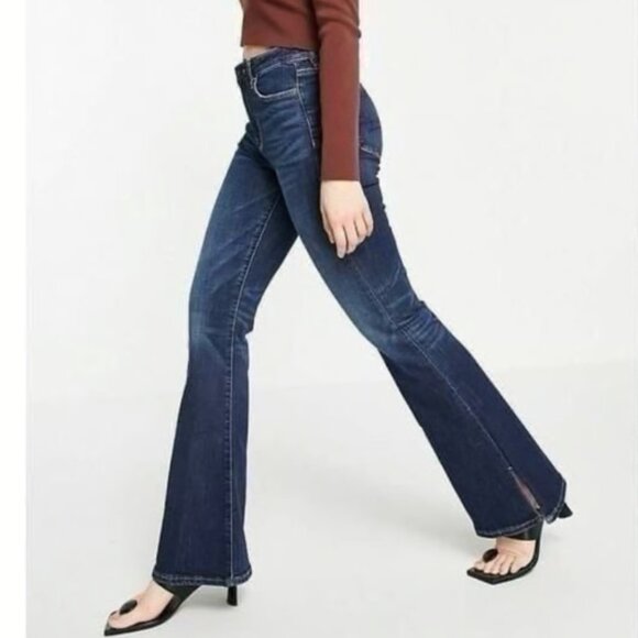 American Eagle Jeans Size 10 Super High Rise Slit Flare Blue Denim Stretch - Picture 2 of 12